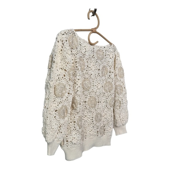 Vintage Handcrafted Open Crochet Sweater Floral Embroidered Pullover Ivory Large - Picture 2 of 12